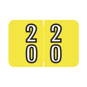 Barkley DBKM Compatible Double Digit Labels, Number "20" , Yellow, Laminated Stock, 1-1/2" X 1" Individual Numbers - Roll of 500