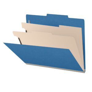 25 Pt. Pressboard Classification Folders, 2/5 Cut ROC Top Tab, Letter Size, 2 Dividers, Blue (Box of 10) - Image 1