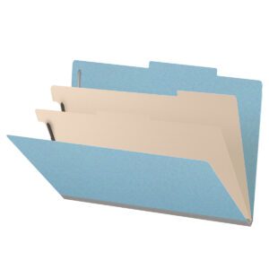 25 Pt. Pressboard Classification Folders, 2/5 Cut ROC Top Tab, Legal Size, 2 Dividers, Light Blue (Box of 10) - Image 1