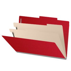 25 Pt. Pressboard Classification Folders, 2/5 Cut ROC Top Tab, Legal Size, 2 Dividers, Red (Box of 10)