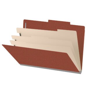 25 Pt. Pressboard Classification Folders, 2/5 Cut ROC Top Tab, Legal Size, 3 Dividers, Brick Red (Box of 10)