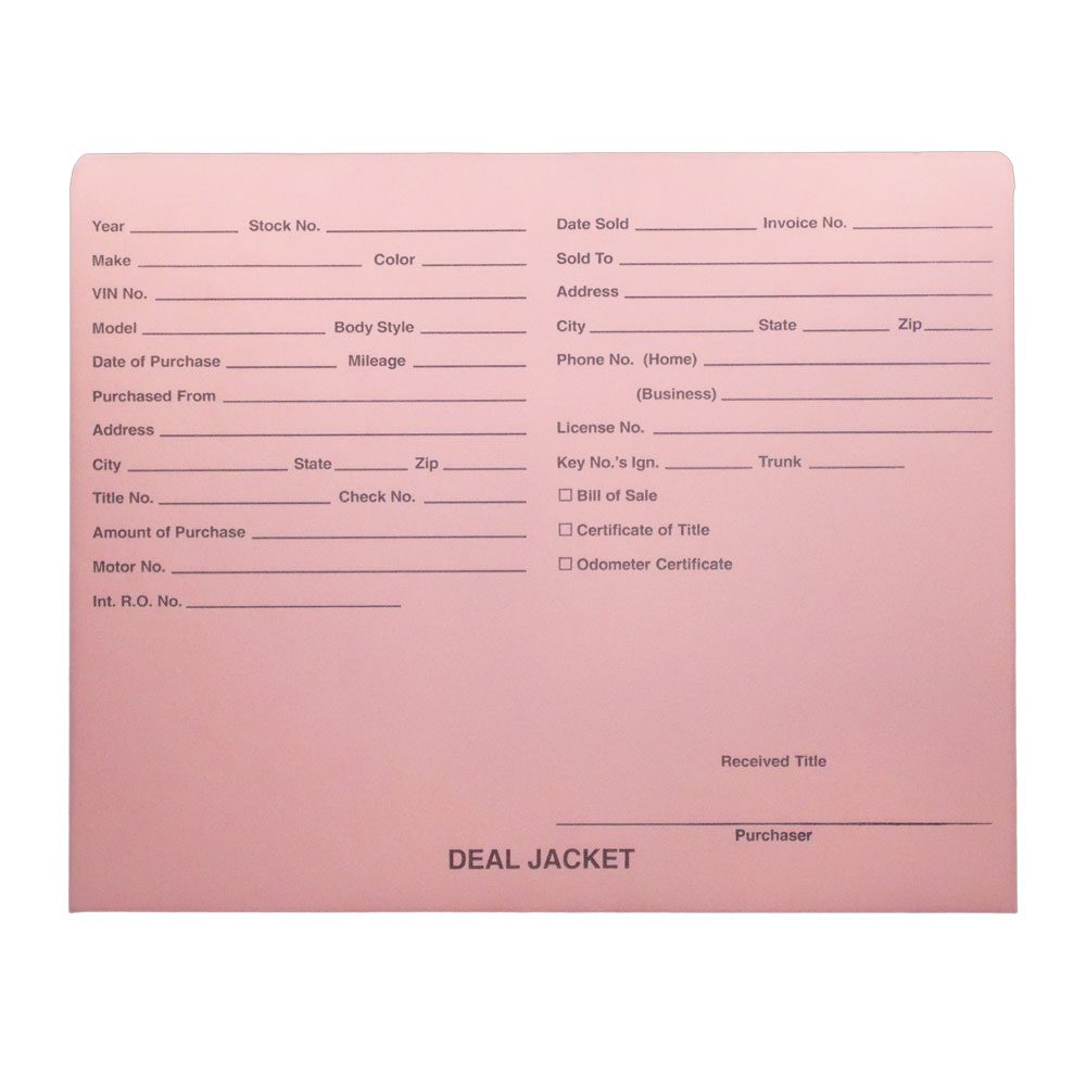 PrePrinted Auto Dealer Vehicle Deal Jackets, Pink (Box of 100) Folders Medical File