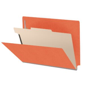 Heavy Duty End Tab Color Folders, 18 pt Letter Size, 2″ expansion, 1 Divider, Orange (Box of 10) - Image 1
