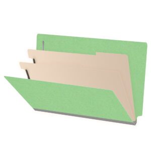 Heavy Duty End Tab Color Folders, 18 pt Legal Size, 2″ expansion, 2 Dividers, Green (Box of 10) - Image 1