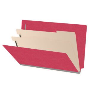 Heavy Duty End Tab Color Folders, 18 pt Legal Size, 2″ expansion, 2 Dividers, Red (Box of 10) - Image 1