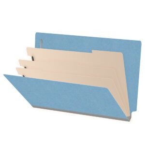 Heavy Duty End Tab Color Folders, 18 pt Legal Size, 3″ expansion, 3 Dividers, Blue (Box of 10) - Image 1