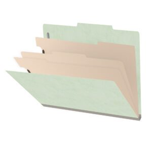 25 Pt. Pressboard Classification Folders, 2/5 Cut ROC Top Tab, Letter Size, 3 Dividers, Pale Green (Box of 10)