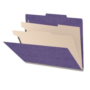 25 Pt. Pressboard Classification Folders, 2/5 Cut ROC Top Tab, Letter Size, 2 Dividers, Purple (Box of 10)
