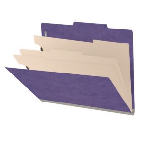 25 Pt. Pressboard Classification Folders, 2/5 Cut ROC Top Tab, Letter Size, 3 Dividers, Purple (Box of 10) - Image 1
