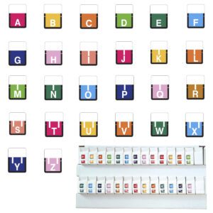 Tab 1307 Compatible Alpha Labels, Letter A-Z set tray, Multiple Color, Vinyl Stock, 1" X 3/4", 26 Rolls of 500 - Image 1